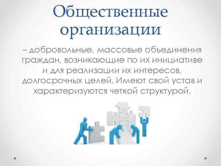 Общественные организации – добровольные, массовые объединения граждан, возникающие по их инициативе и для реализации