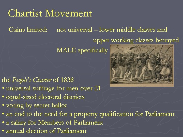 Chartist Movement Gains limited: not universal – lower middle classes and upper working classes