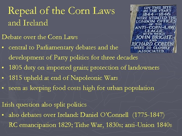 Repeal of the Corn Laws and Ireland Debate over the Corn Laws • central