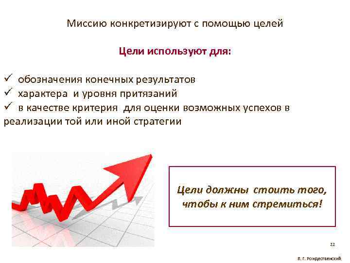 Миссию конкретизируют с помощью целей Цели используют для: ü обозначения конечных результатов ü характера