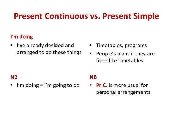 Present Continuous vs. Present Simple I’m doing • I’ve already decided and arranged to