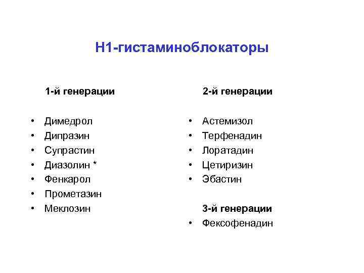 Н 1 -гистаминоблокаторы 1 -й генерации • • Димедрол Дипразин Супрастин Диазолин * Фенкарол