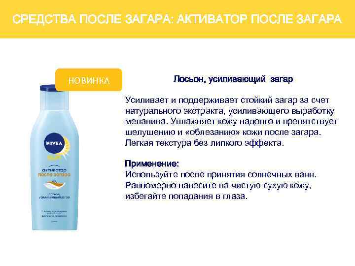 СРЕДСТВА ПОСЛЕ ЗАГАРА: АКТИВАТОР ПОСЛЕ ЗАГАРА НОВИНКА Лосьон, усиливающий загар Усиливает и поддерживает стойкий