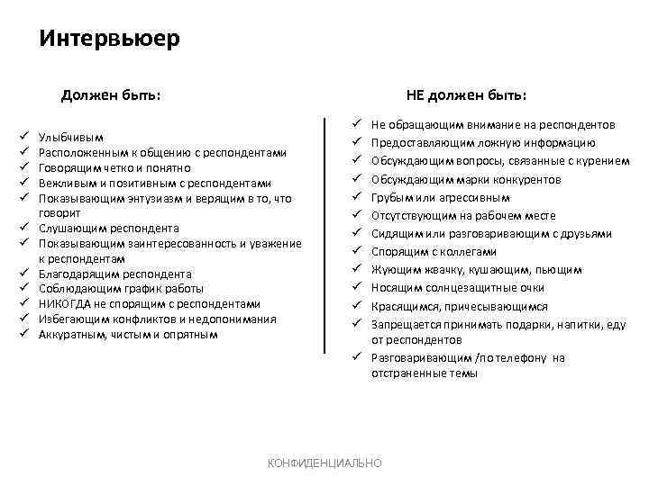 Интервьюер Должен быть: ü ü ü НЕ должен быть: Улыбчивым Расположенным к общению с