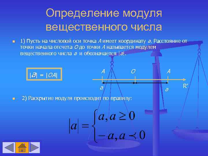 Определение модуля вещественного числа n 1) Пусть на числовой оси точка А имеет координату