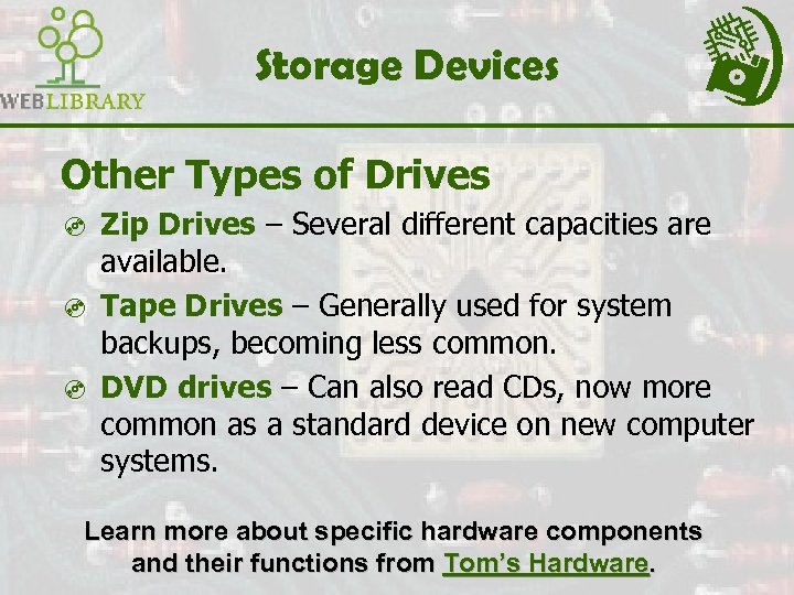 Storage Devices Other Types of Drives ³ Zip Drives – Several different capacities are
