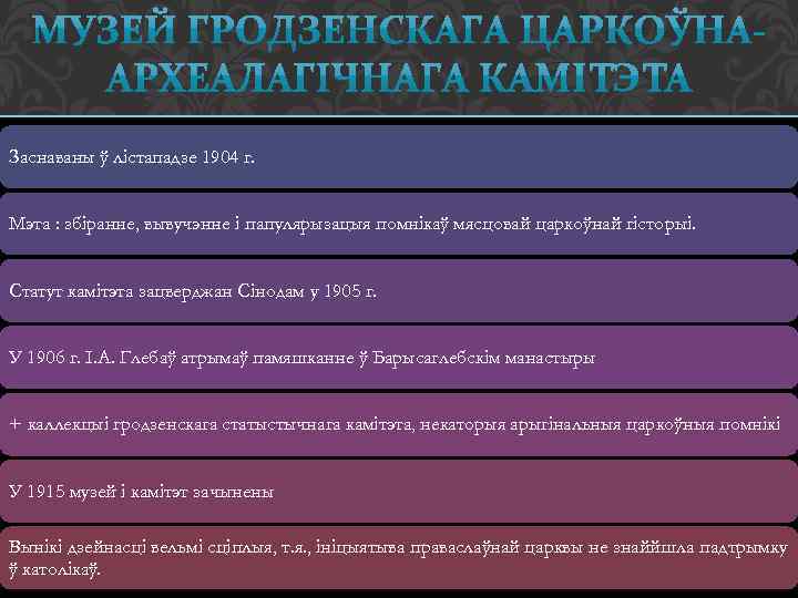 Заснаваны ў лістападзе 1904 г. Мэта : збіранне, вывучэнне і папулярызацыя помнікаў мясцовай царкоўнай