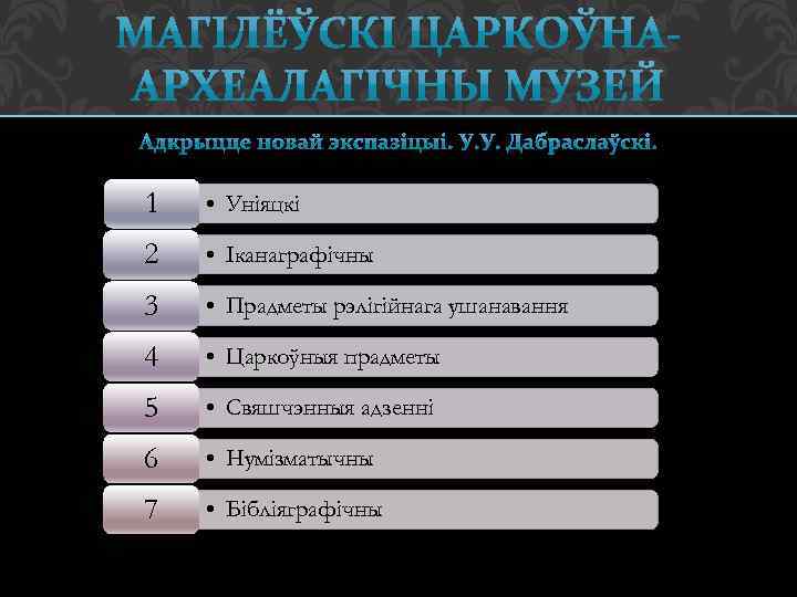 1 • Уніяцкі 2 • Іканаграфічны 3 • Прадметы рэлігійнага ушанавання 4 • Царкоўныя