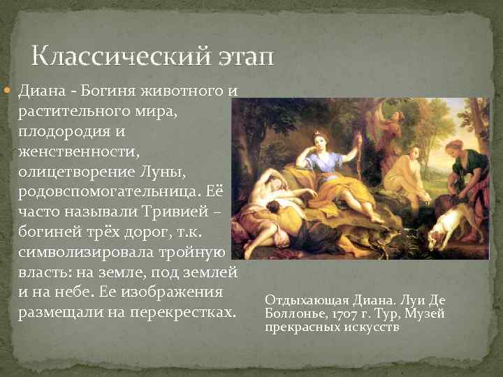 Классический этап Диана - Богиня животного и растительного мира, плодородия и женственности, олицетворение Луны,