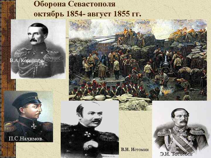 Оборона Севастополя октябрь 1854 - август 1855 гг. В. А. Корнилов П. С. Нахимов