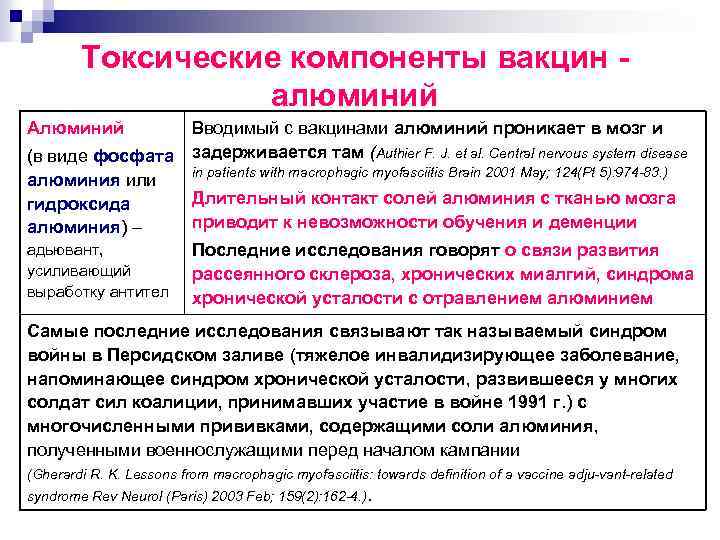 Токсические компоненты вакцин алюминий Алюминий Вводимый с вакцинами алюминий проникает в мозг и (в