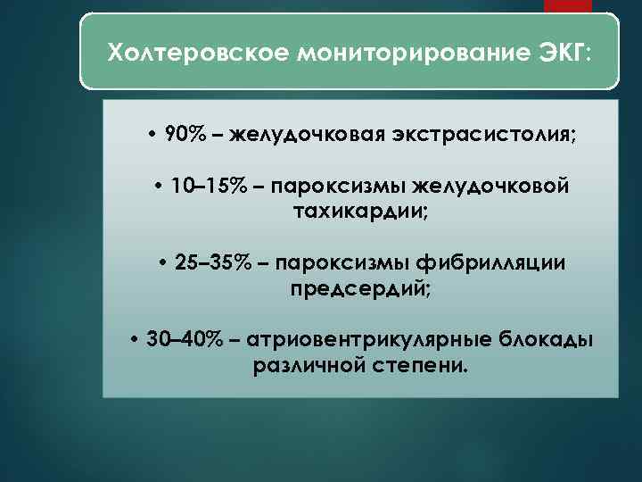 Холтеровское мониторирование ЭКГ: • 90% – желудочковая экстрасистолия; • 10– 15% – пароксизмы желудочковой