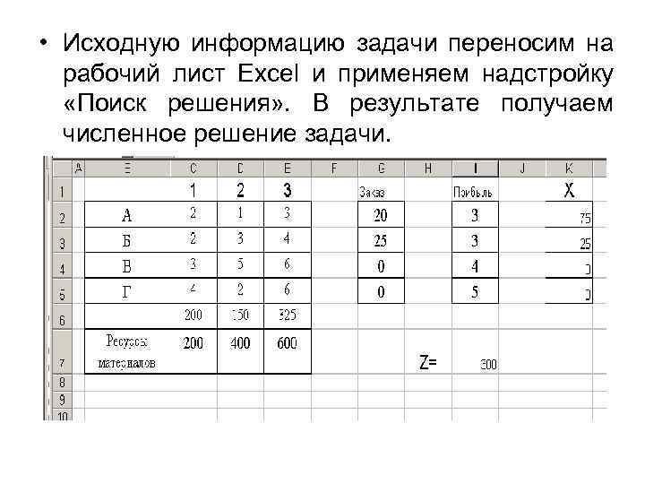  • Исходную информацию задачи переносим на рабочий лист Excel и применяем надстройку «Поиск