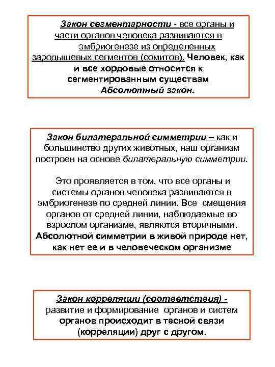 Закон сегментарности - все органы и части органов человека развиваются в эмбриогенезе из определенных