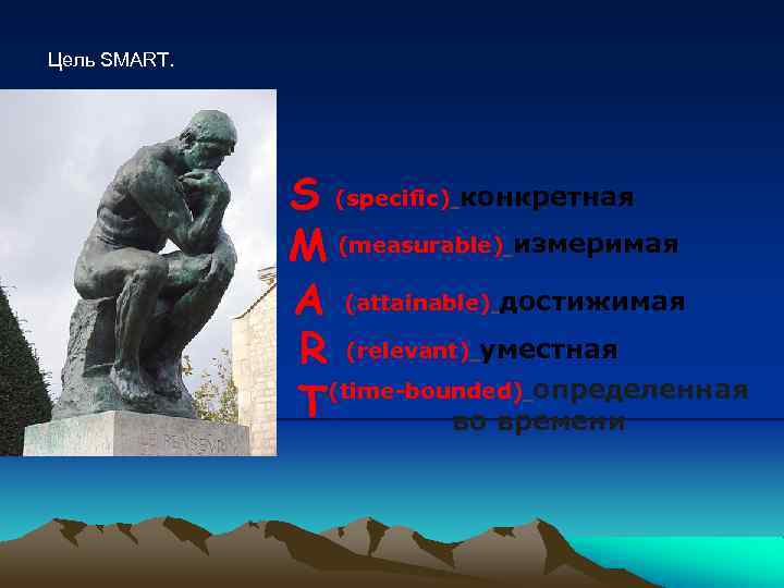 Цель SMART. S (specific) конкретная M (measurable) измеримая A (attainable) достижимая R (relevant) уместная