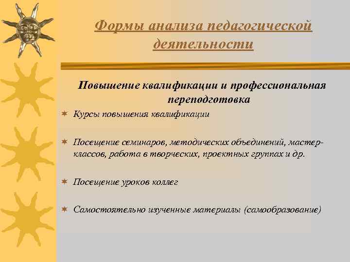 Формы анализа педагогической деятельности Повышение квалификации и профессиональная переподготовка ¬ Курсы повышения квалификации ¬