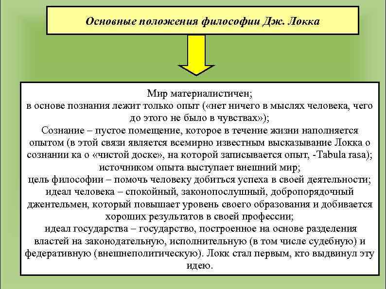 Основные положения философии Дж. Локка Мир материалистичен; в основе познания лежит только опыт (