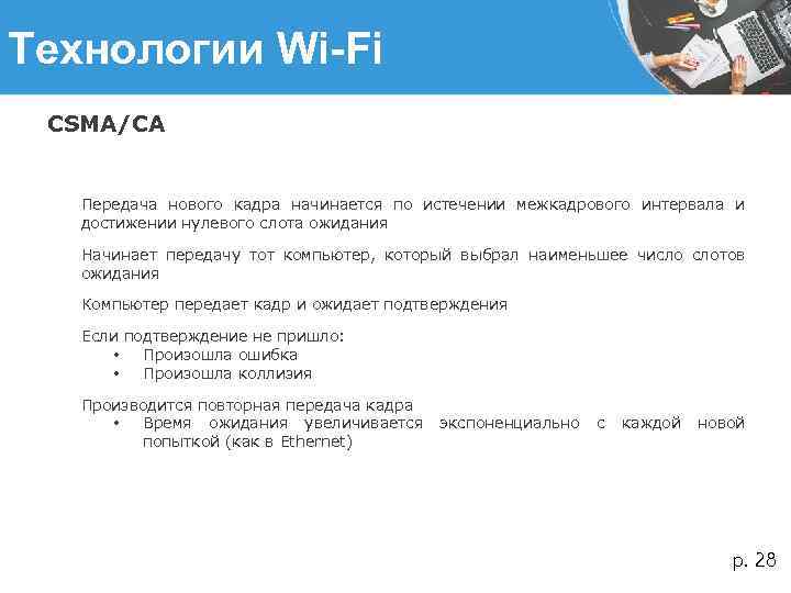 Технологии Wi-Fi CSMA/CA Передача нового кадра начинается по истечении межкадрового интервала и достижении нулевого