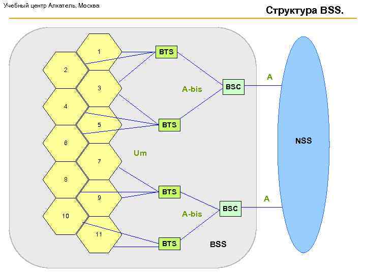 Учебный центр Алкатель, Москва Структура BSS. BTS 1 2 A A-bis 3 BSC 4