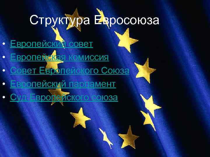 Структура Евросоюза • • • Европейский совет Европейская комиссия Совет Европейского Союза Европейский парламент