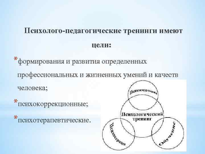  Психолого-педагогические тренинги имеют цели: *формирования и развития определенных профессиональных и жизненных умений и