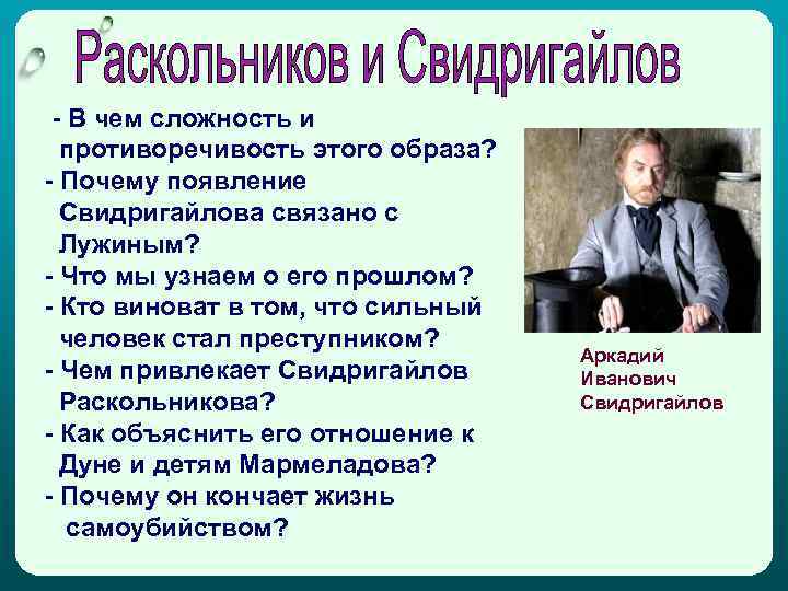 - В чем сложность и противоречивость этого образа? - Почему появление Свидригайлова связано с