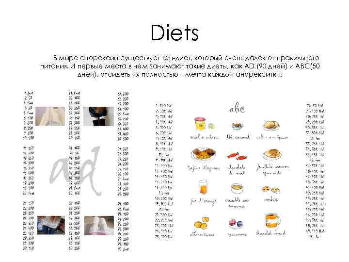 Diets В мире анорексии существует топ-диет, который очень далек от правильного питания. И первые