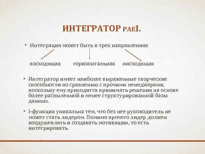 ИНТЕГРАТОР PAEI. • Интеграция может быть в трех направлениях восходящая горизонтальная нисходящая • Интегратор