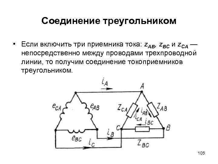 Соединение треугольником • Если включить три приемника тока: z. АВ, z. BC и z.