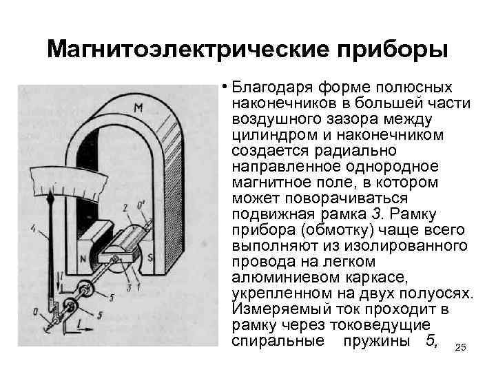 Магнитоэлектрические приборы • Благодаря форме полюсных наконечников в большей части воздушного зазора между цилиндром