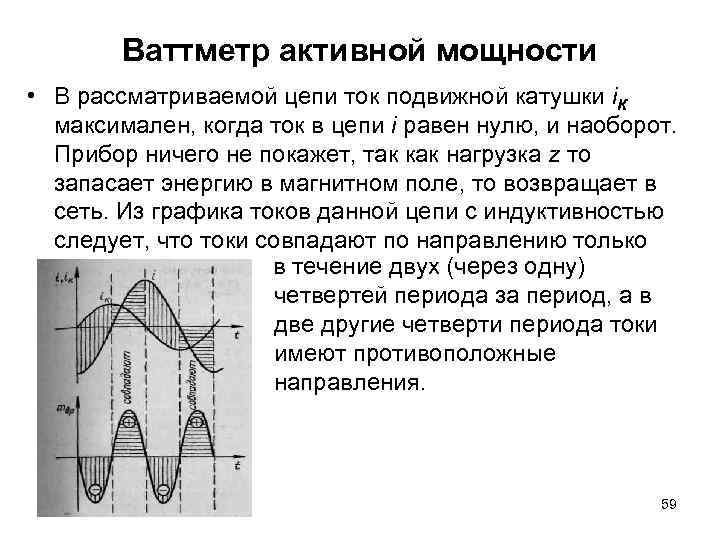 Ваттметр активной мощности • В рассматриваемой цепи ток подвижной катушки i. К максимален, когда