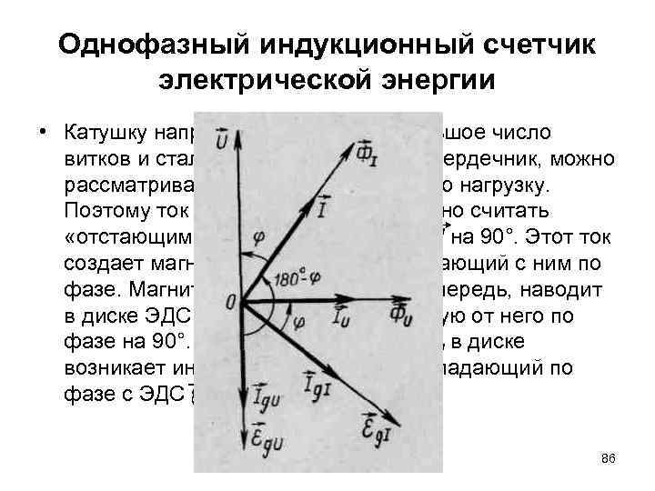 Однофазный индукционный счетчик электрической энергии • Катушку напряжения, имеющую большое число витков и стальной