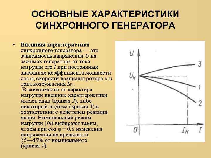 Изменение нагрузки генератора. Внешняя характеристика синхронного генератора. Зависимость напряжения синхронного генератора от тока возбуждения. Внешняя характеристика синхронной машины.