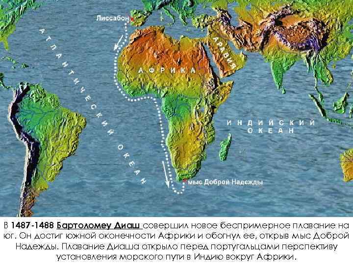 В 1487 -1488 Бартоломеу Диаш совершил новое беспримерное плавание на юг. Он достиг южной