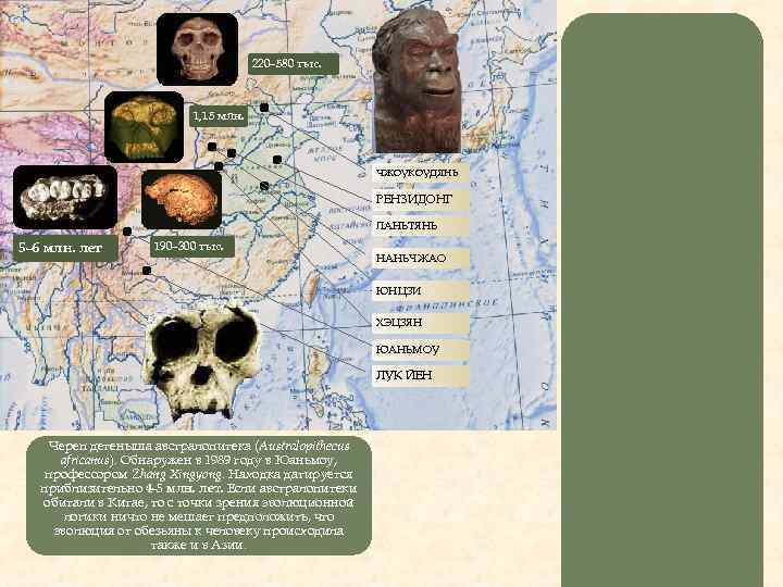 220– 580 тыс. 1, 15 млн. ЧЖОУКОУДЯНЬ РЕНЗИДОНГ ЛАНЬТЯНЬ 5– 6 млн. лет 190–