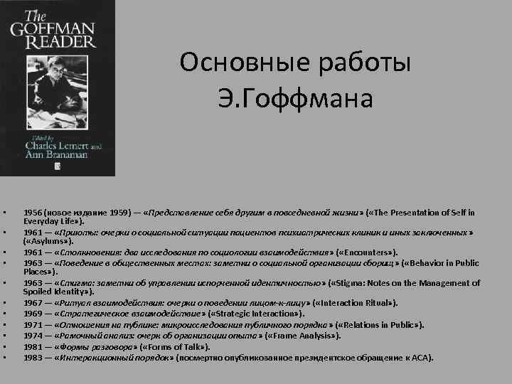 Основные работы Э. Гоффмана • • • 1956 (новое издание 1959) — «Представление себя