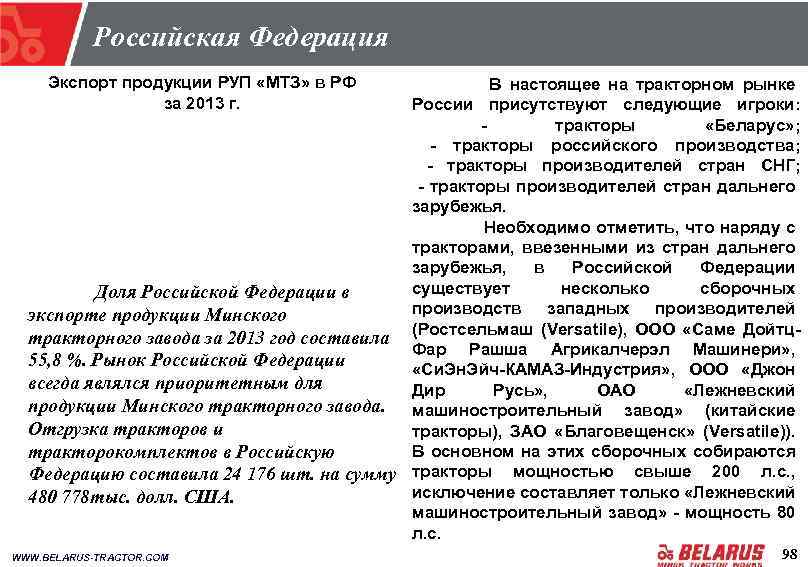 Российская Федерация Экспорт продукции РУП «МТЗ» в РФ за 2013 г. В настоящее на