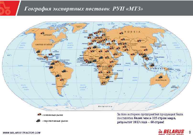 Расположение География экспортных поставок РУП «МТЗ» - освоенные рынки - перспективные рынки WWW. BELARUS-TRACTOR.