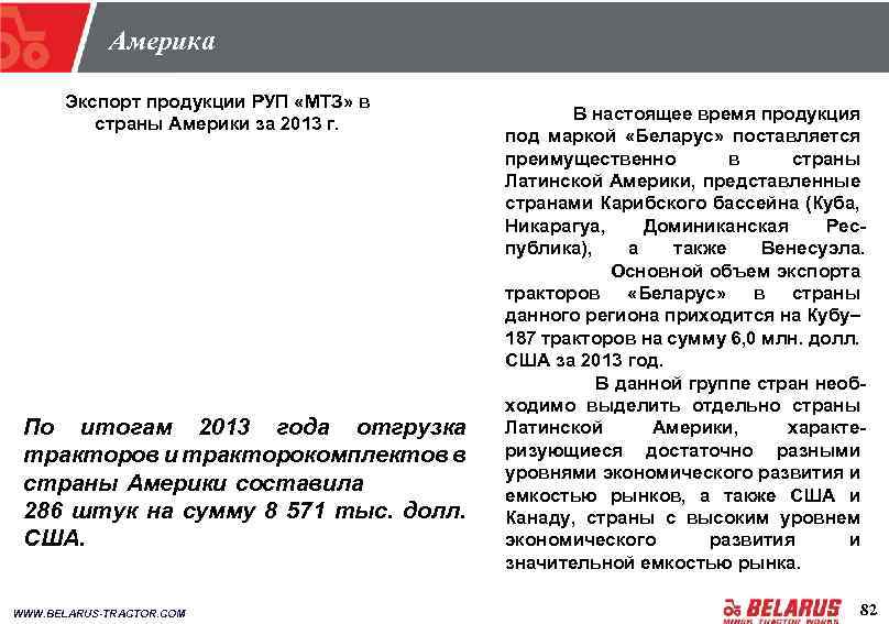 Америка Экспорт продукции РУП «МТЗ» в страны Америки за 2013 г. По итогам 2013