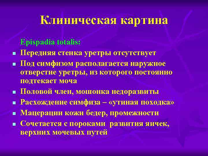 Клиническая картина n n n Epispadia totalis: Передняя стенка уретры отсутствует Под симфизом располагается