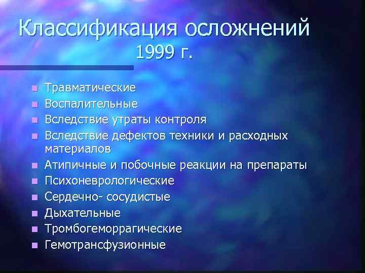 Классификация осложнений 1999 г. n n n n n Травматические Воспалительные Вследствие утраты контроля