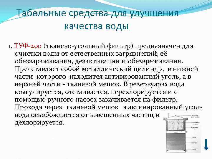 Табельные средства для улучшения качества воды 1. ТУФ 200 (тканево угольный фильтр) предназначен для