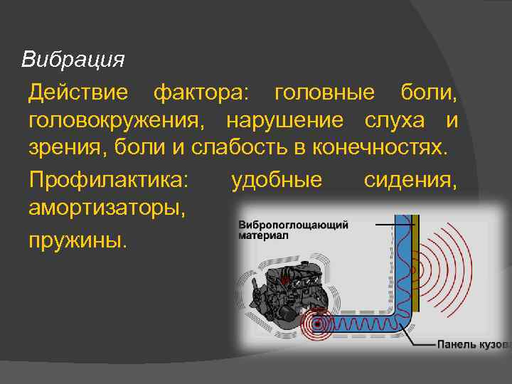 Вибрация Действие фактора: головные боли, головокружения, нарушение слуха и зрения, боли и слабость в