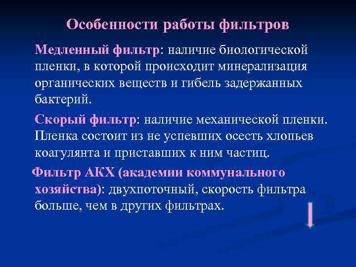 Особенности работы фильтров Медленный фильтр: наличие биологической пленки, в которой происходит минерализация органических веществ