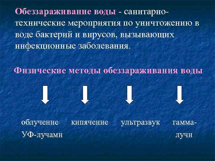 Обеззараживание воды - санитарнотехнические мероприятия по уничтожению в воде бактерий и вирусов, вызывающих инфекционные
