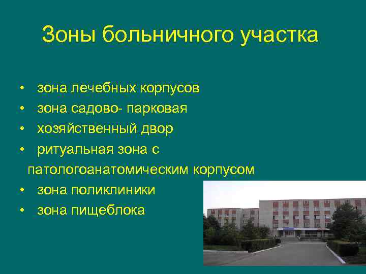 Зоны больничного участка • • зона лечебных корпусов зона садово- парковая хозяйственный двор ритуальная