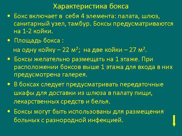 Характеристика бокса • Бокс включает в себя 4 элемента: палата, шлюз, санитарный узел, тамбур.