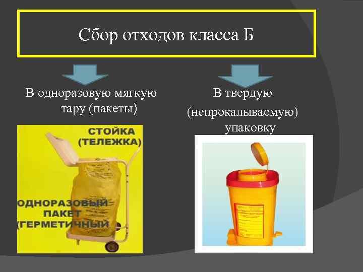 Сбор отходов класса Б В одноразовую мягкую тару (пакеты) В твердую (непрокалываемую) упаковку 