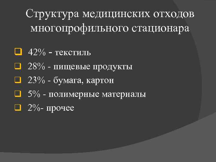 Структура медицинских отходов многопрофильного стационара q 42% - текстиль q 28% - пищевые продукты