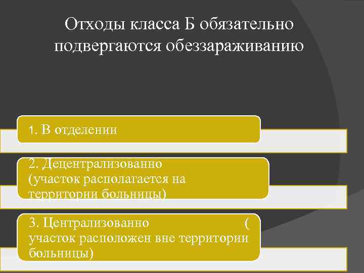 Отходы класса Б обязательно подвергаются обеззараживанию 1. В отделении 2. Децентрализованно (участок располагается на